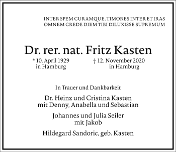 Traueranzeige von Fritz Kasten von Frankfurter Allgemeine Zeitung