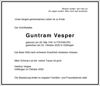 Traueranzeige von Guntram Vesper von Frankfurter Allgemeine Zeitung