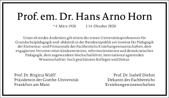 Traueranzeige von Hans Arno Horn von Frankfurter Allgemeine Zeitung