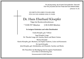 Traueranzeige von Hans Eberhard Kloepfer von Frankfurter Allgemeine Zeitung