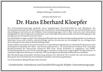 Traueranzeige von Hans Eberhard Kloepfer von Frankfurter Allgemeine Zeitung