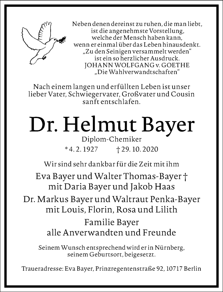  Traueranzeige für Helmut Bayer vom 07.11.2020 aus Frankfurter Allgemeine Zeitung