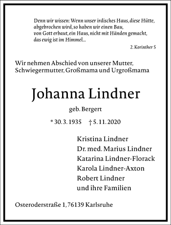 Traueranzeige von Johanna Lindner von Frankfurter Allgemeine Zeitung