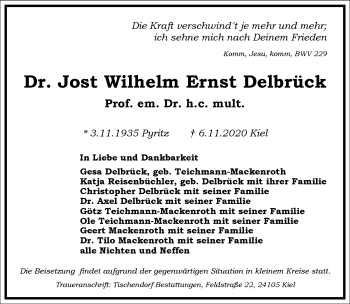 Traueranzeige von Jost Wilhelm Ernst Delbrück von Frankfurter Allgemeine Zeitung