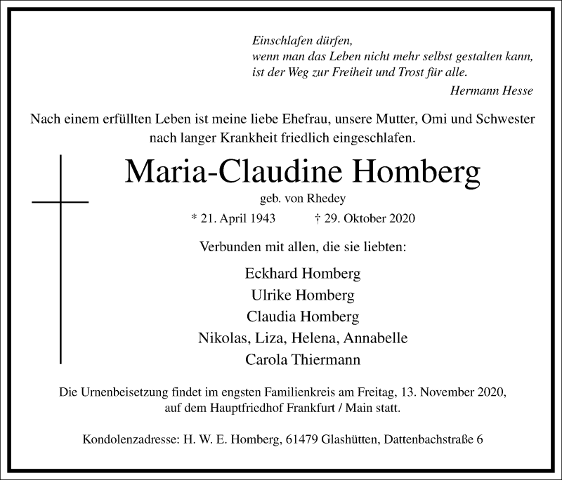  Traueranzeige für Maria-Claudine Homberg vom 07.11.2020 aus Frankfurter Allgemeine Zeitung