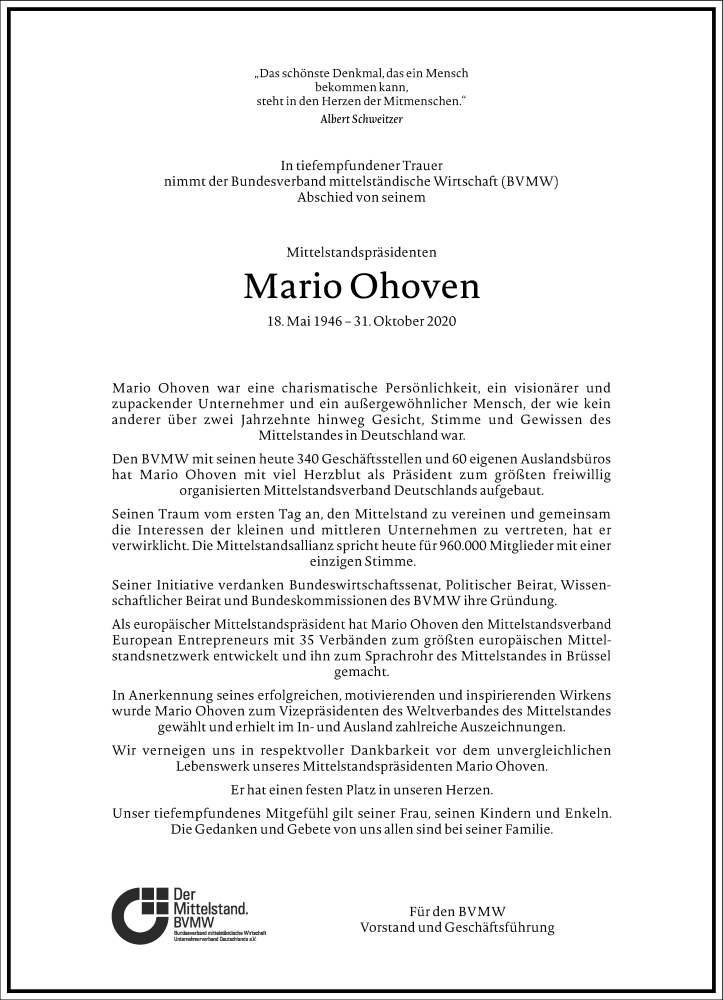 Traueranzeige für Mario Ohoven vom 07.11.2020 aus Frankfurter Allgemeine Zeitung