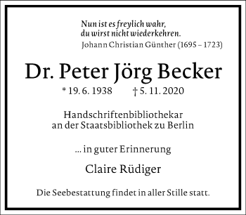 Traueranzeige von Peter Jörg Becker von Frankfurter Allgemeine Zeitung