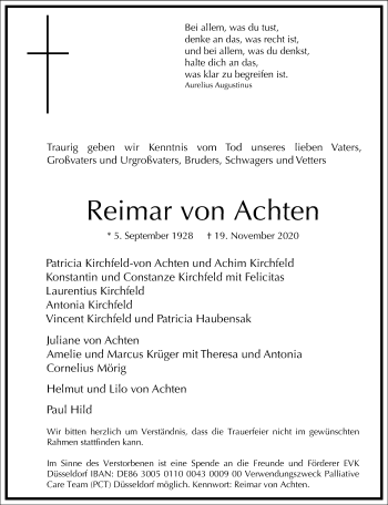 Traueranzeige von Reimar von Achten von Frankfurter Allgemeine Zeitung
