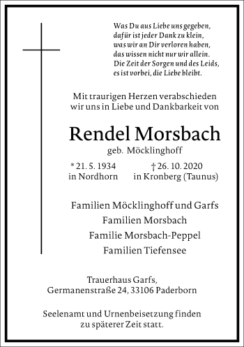 Traueranzeige von Rendel Morsbach von Frankfurter Allgemeine Zeitung