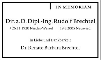 Traueranzeige von Rudolf Brechtel von Frankfurter Allgemeine Zeitung