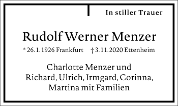 Traueranzeige von Rudolf Werner Menzer von Frankfurter Allgemeine Zeitung