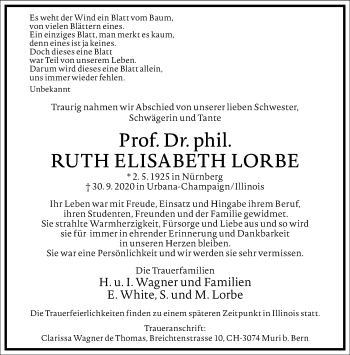 Traueranzeige von Ruth Elisabeth Lorbe von Frankfurter Allgemeine Zeitung