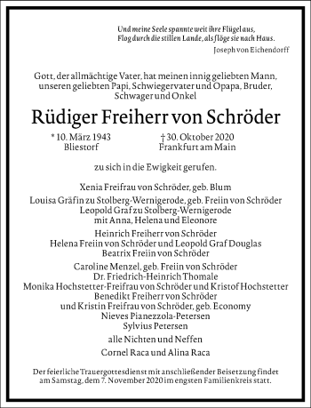 Traueranzeige von Rüdiger Freiherr von Schröder von Frankfurter Allgemeine Zeitung