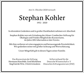 Traueranzeige von Stephan Kohler von Frankfurter Allgemeine Zeitung