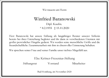 Traueranzeige von Winfried Baranowski von Frankfurter Allgemeine Zeitung