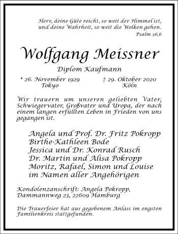 Traueranzeige von Wolfgang Meissner von Frankfurter Allgemeine Zeitung