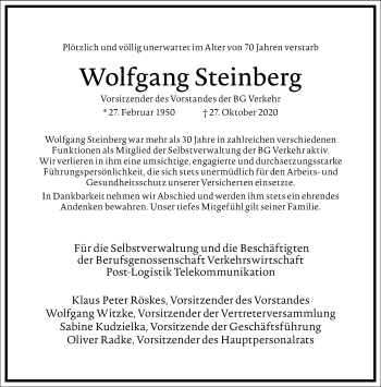 Traueranzeige von Wolfgang Steinberg von Frankfurter Allgemeine Zeitung