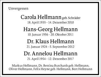 Traueranzeige von Annelou Hellmann von Frankfurter Allgemeine Zeitung