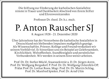 Traueranzeige von Anton Rauscher von Frankfurter Allgemeine Zeitung