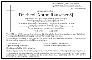 Traueranzeige von Anton Rauscher von Frankfurter Allgemeine Zeitung