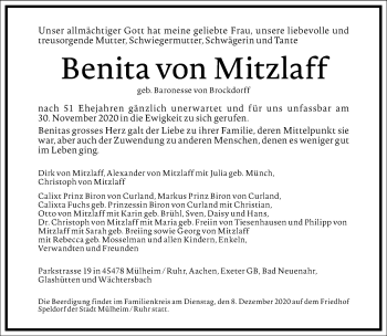 Traueranzeige von Benita  von Mitzlaff von Frankfurter Allgemeine Zeitung