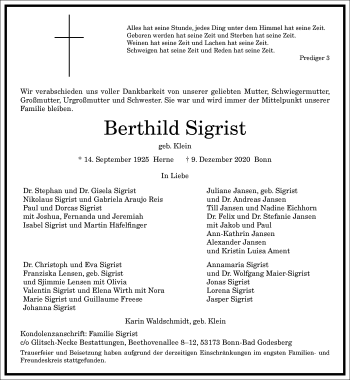 Traueranzeige von Berthild Sigrist von Frankfurter Allgemeine Zeitung