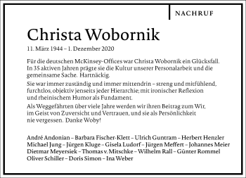 Traueranzeige von Christa Wobornik von Frankfurter Allgemeine Zeitung