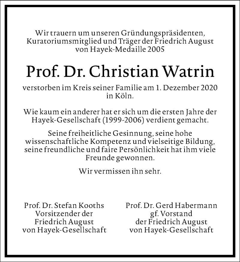  Traueranzeige für Christian Watrin vom 05.12.2020 aus Frankfurter Allgemeine Zeitung