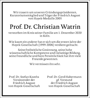 Traueranzeige von Christian Watrin von Frankfurter Allgemeine Zeitung