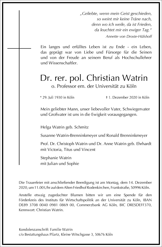  Traueranzeige für Christian Watrin vom 05.12.2020 aus Frankfurter Allgemeine Zeitung