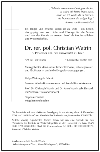 Traueranzeige von Christian Watrin von Frankfurter Allgemeine Zeitung