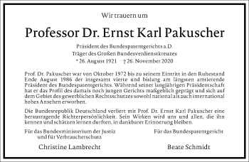 Traueranzeige von Ernst Karl Pakuscher von Frankfurter Allgemeine Zeitung