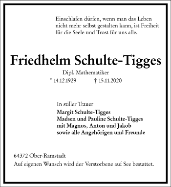 Traueranzeige von Friedhelm Schulte-Tigges von Frankfurter Allgemeine Zeitung