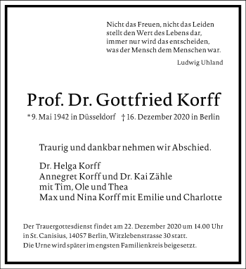 Traueranzeige von Gottfried Korff von Frankfurter Allgemeine Zeitung