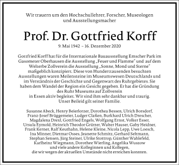 Traueranzeige von Gottfried Korff von Frankfurter Allgemeine Zeitung