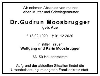 Traueranzeige von Gudrun Moosbrugger von Frankfurter Allgemeine Zeitung