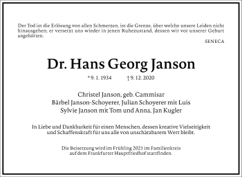 Traueranzeige von Hans Georg Janson von Frankfurter Allgemeine Zeitung