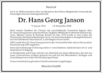 Traueranzeige von Hans Georg Janson von Frankfurter Allgemeine Zeitung