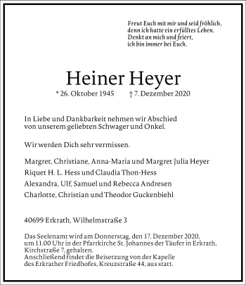 Traueranzeige von Heiner Heyer von Frankfurter Allgemeine Zeitung