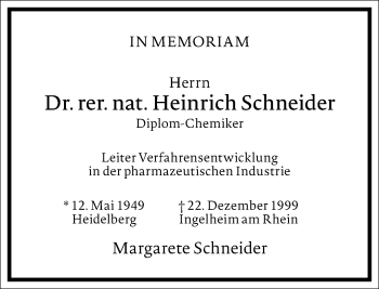 Traueranzeige von Heinrich Schneider von Frankfurter Allgemeine Zeitung