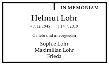 Traueranzeige von Helmut Lohr von Frankfurter Allgemeine Zeitung