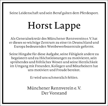 Traueranzeige von Horst Lappe von Frankfurter Allgemeine Zeitung