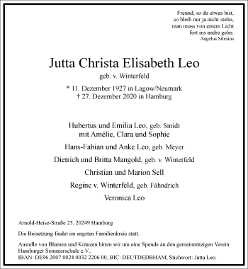 Traueranzeige von Jutta Christa Elisabeth Leo von Frankfurter Allgemeine Zeitung