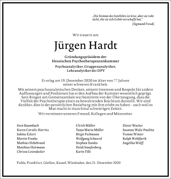 Traueranzeige von Jürgen Hardt von Frankfurter Allgemeine Zeitung