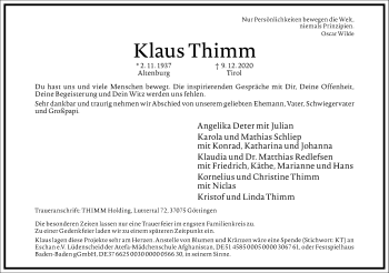 Traueranzeige von Klaus Thimm von Frankfurter Allgemeine Zeitung