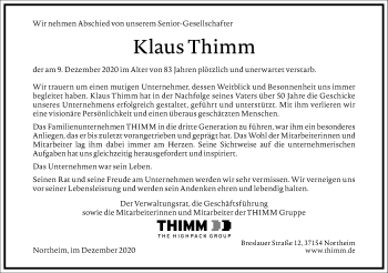 Traueranzeige von Klaus Thimm von Frankfurter Allgemeine Zeitung