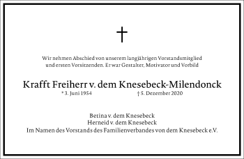 Traueranzeige von Krafft Freiherr v. dem Knesebeck-Milendonck von Frankfurter Allgemeine Zeitung