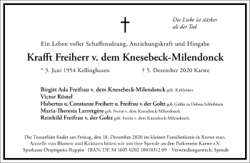 Traueranzeige von Krafft Freiherr v. dem Knesebeck-Milendonck von Frankfurter Allgemeine Zeitung