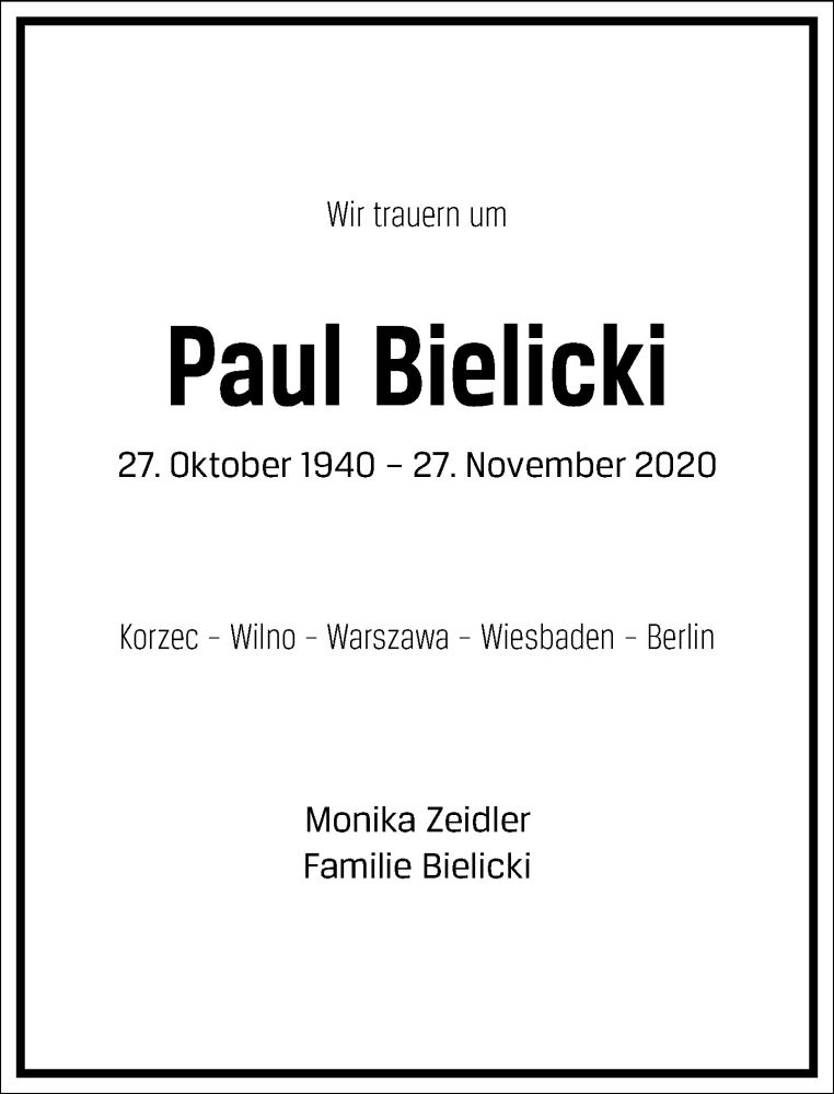  Traueranzeige für Paul Bielicki vom 12.12.2020 aus Frankfurter Allgemeine Zeitung