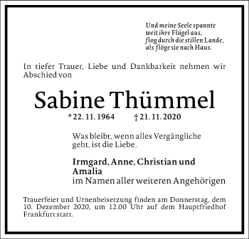 Traueranzeige von Sabine Thümmel von Frankfurter Allgemeine Zeitung